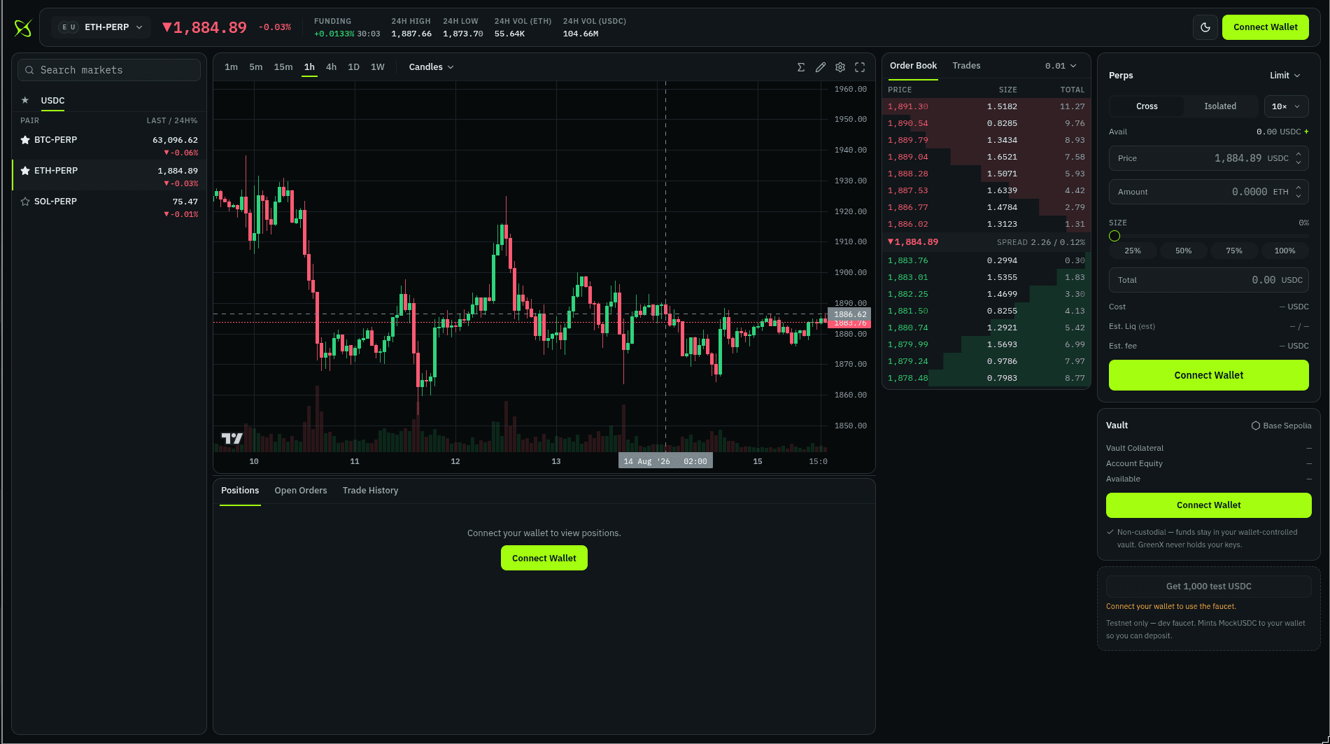 GreenX perpetuals terminal — order book, chart, and open positions.